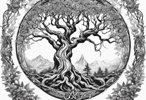 The deity Pan is entwined in a tree which is a portal tattoo idea