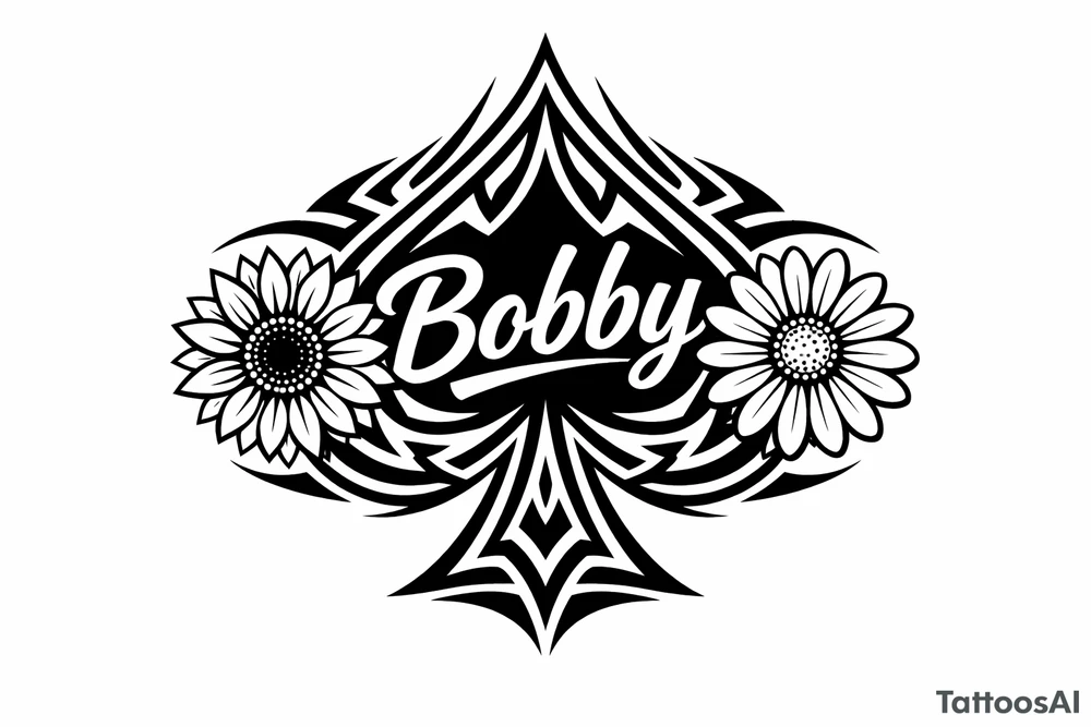 Bobby middle center inside the middle of the spade with a sunflower and a daisy on each side of the spade very super extremely traceable to trace onto notebook paper, very super extremely easy and simple traceable tracing black and white outlining outline coloring pages very super extremely traceable to trace onto notebook paper tattoo idea