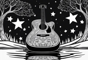 sideways black acoustic guitar made out of trees on one side with a reflection in a lake on the other side at night with a star and prayer hands on the body. tattoo idea