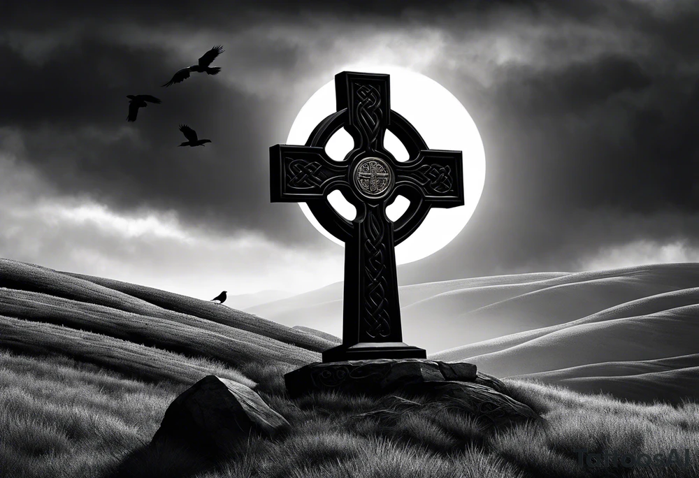 A monochromatic scene of a stone Celtic cross standing tall against a windswept hill. The intricate designs etched into the cross are starkly contrasted against its weathered, black surface. At the arm of the cross, a large raven perches elegantly, its ebony feathers seemingly absorbing the light. The bird's piercing eyes are fixed on something beyond the viewer's sight, lending an air of mystery to the already enigmatic monument. The surrounding landscape is desolate and barren, with the occasional tuft of brown grass struggling to survive the harsh elements. A veil of fog hovers just above the ground, adding to the eerie atmosphere and further isolating the cross from the world around it. The image evokes a sense of timelessness and the enduring strength of Celtic heritage, even in the face of the relentless march of time. tattoo idea