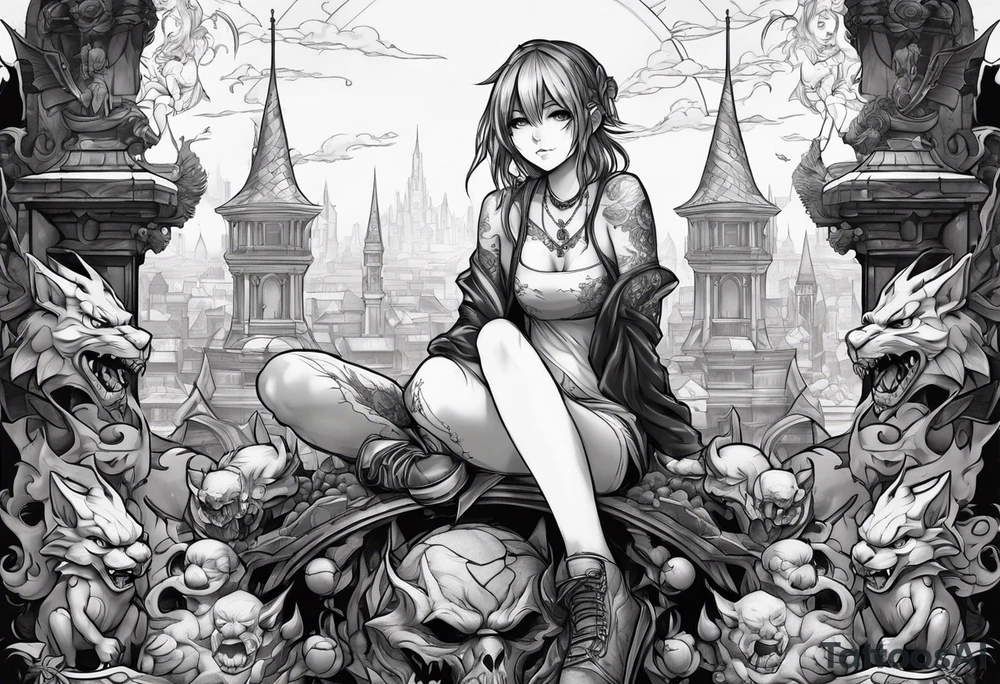 a bleeding anime girl sitting on a ball, and surrounded by gargoyles tattoo idea