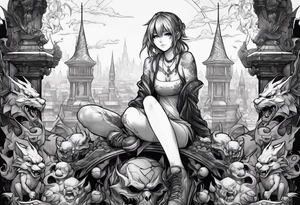 a bleeding anime girl sitting on a ball, and surrounded by gargoyles tattoo idea