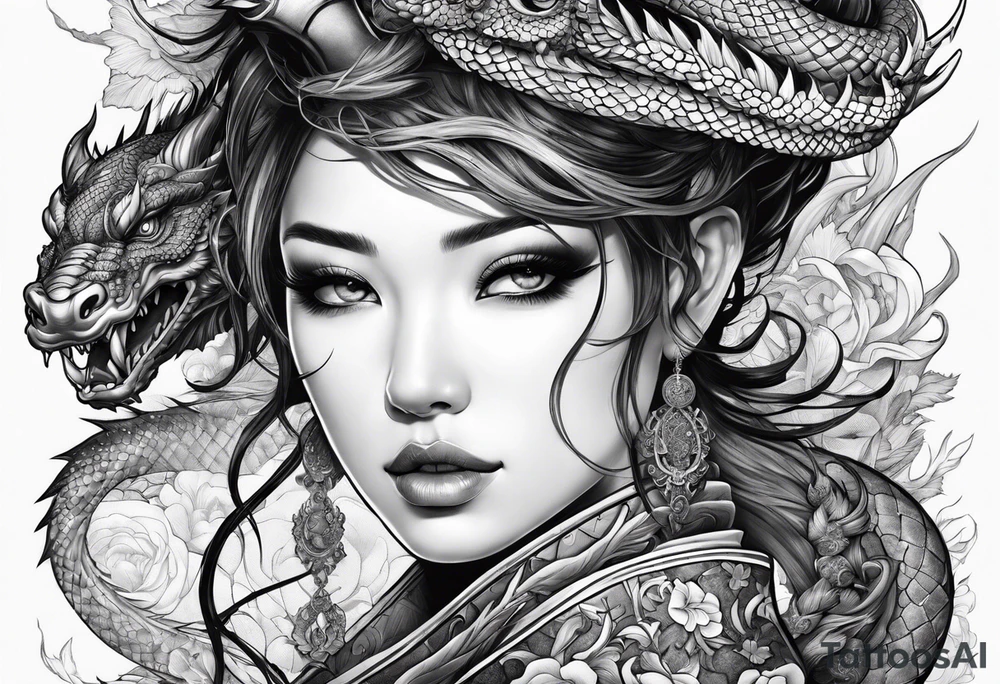 large warrior nymph with dragon tattoo idea