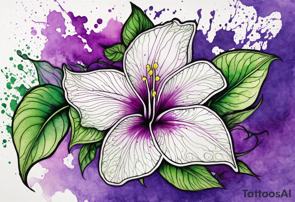 A mystical outline of a dipladenia flower and a green/purple watercolor splatter in the background to make the flower mainly green with purple highlights tattoo idea