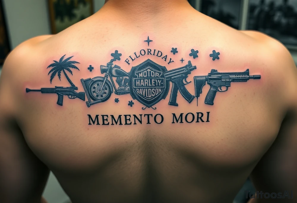 colorful futuristic memory tattoo for passed boyfriend; Florida, gulf coast water, Harley Davidson, skateboarding, puzzle pieces, video games, heaven, god, outdoors, guns, disc golf, words "MEMENTO MORI" tattoo idea
