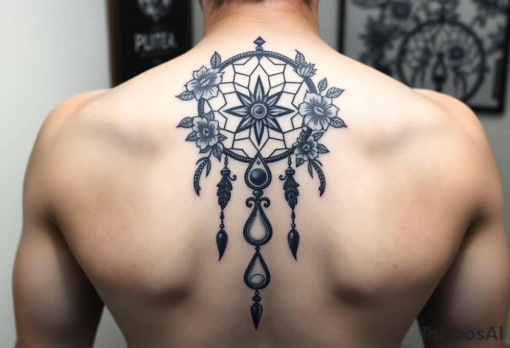 Boho dream catcher with gothic compass and hourglass. Beautiful flowers and an ornamental chandelier like look tattoo idea