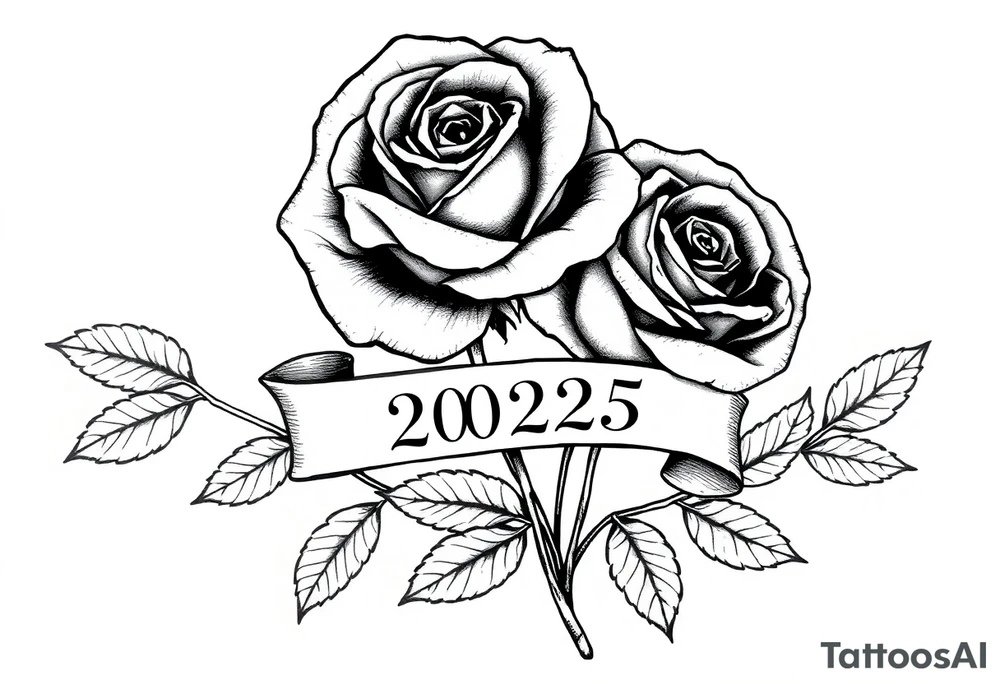 two beautiful large rose buds, one slightly larger than the other, with lots and lots of leaves next to the rose buds, with one sitting slightly higher than the other, side-by-side.  Include a banner connecting the two roses with the year 2025 on it.   Use dark outlines with little shading. Remove all stems from the roses. tattoo idea