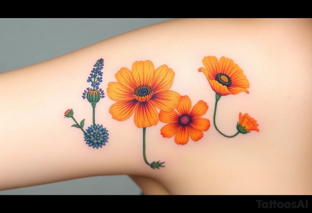 California poppies, California blackberries, gray’s lupine, marsh marigold, Indian paintbrush, one daisy, and an orange and orange blossom. Make it sick as fuck tattoo idea