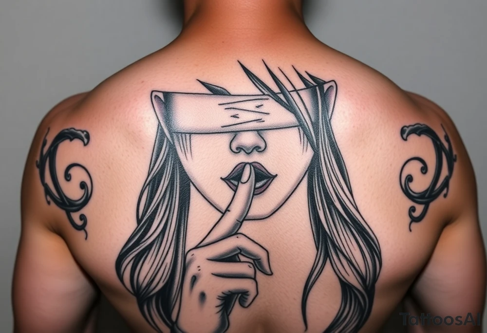 Women that has big eyes but her eyes are not there cause she is blind with a nose and long long hair that is flowing down her chest and back her index finger to her mouth and her ears both are bleeding  like hear no evil see no evil talkk no evil tattoo idea
