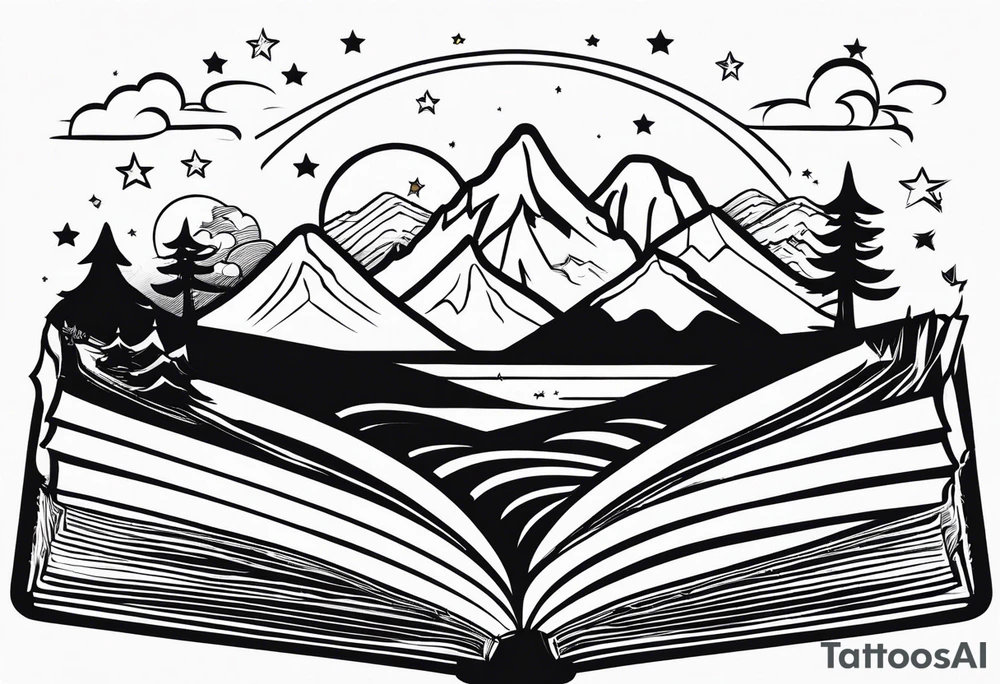 Open book with stars and mountains in a cartoon minimalistic design. Incorporate sushi subtly tattoo idea