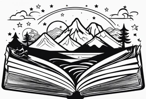 Open book with stars and mountains in a cartoon minimalistic design. Incorporate sushi subtly tattoo idea