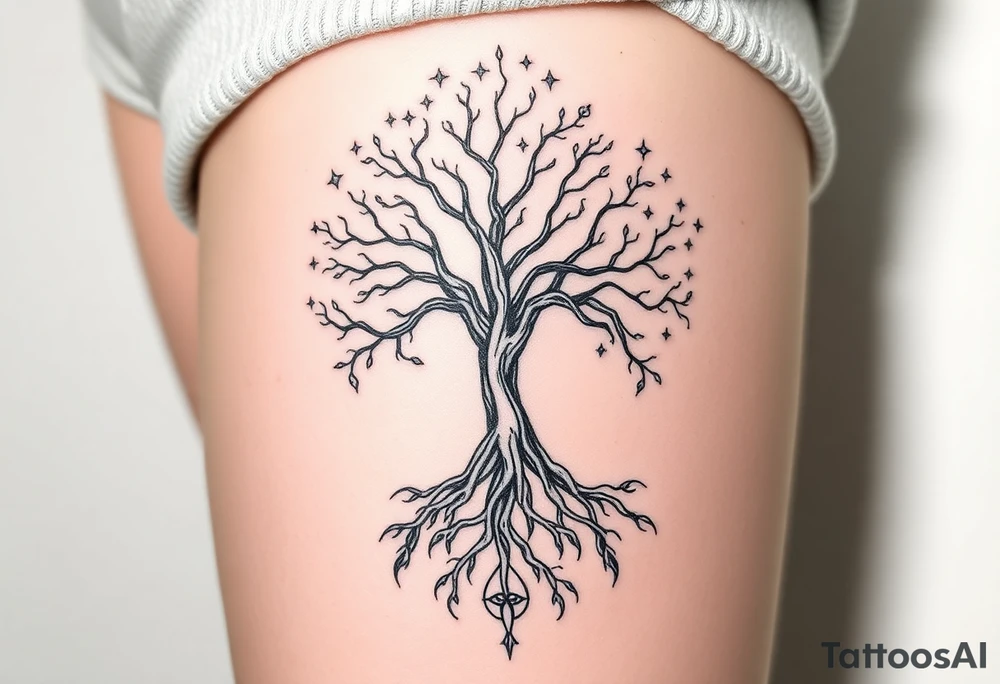 mystical tree of life with cosmic roots and celestial branches tattoo idea