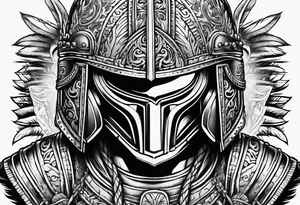 Spanish warrior with helmet and facing forward, needs to blend in a large barcode on the top, so helmet or banner should blend that in. tattoo idea