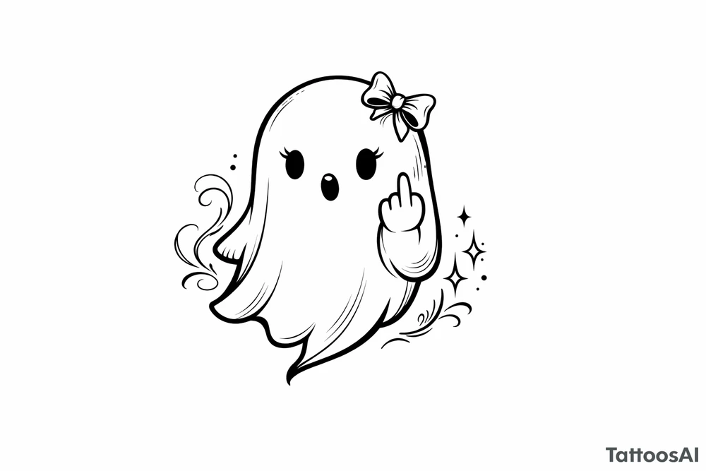 Cute ghost with a tiny bow in its hair, flipping the bird, playful tattoo. tattoo idea