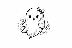Cute ghost with a tiny bow in its hair, flipping the bird, playful tattoo. tattoo idea