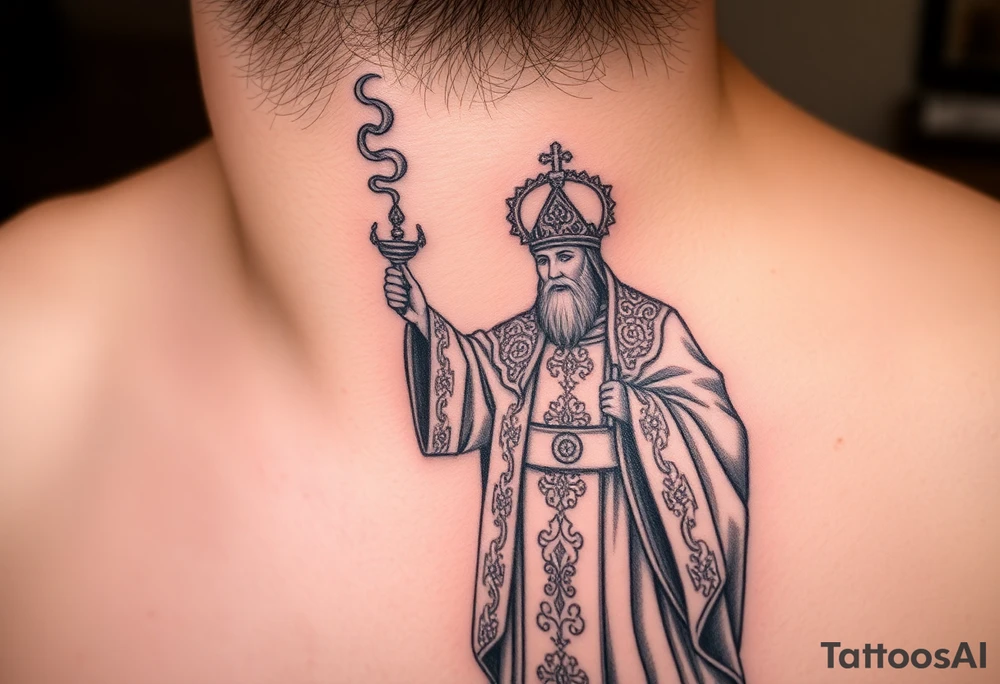 A Russian Orthodox Priest in full gold vestments swinging a censer with smoke curling upward 

The ornate robes give incredible fine line detail
The incense smoke could flow and connect to other elements
It ties directly into the church and Virgin Mary you already have
Very culturally authentic to the overall theme tattoo idea