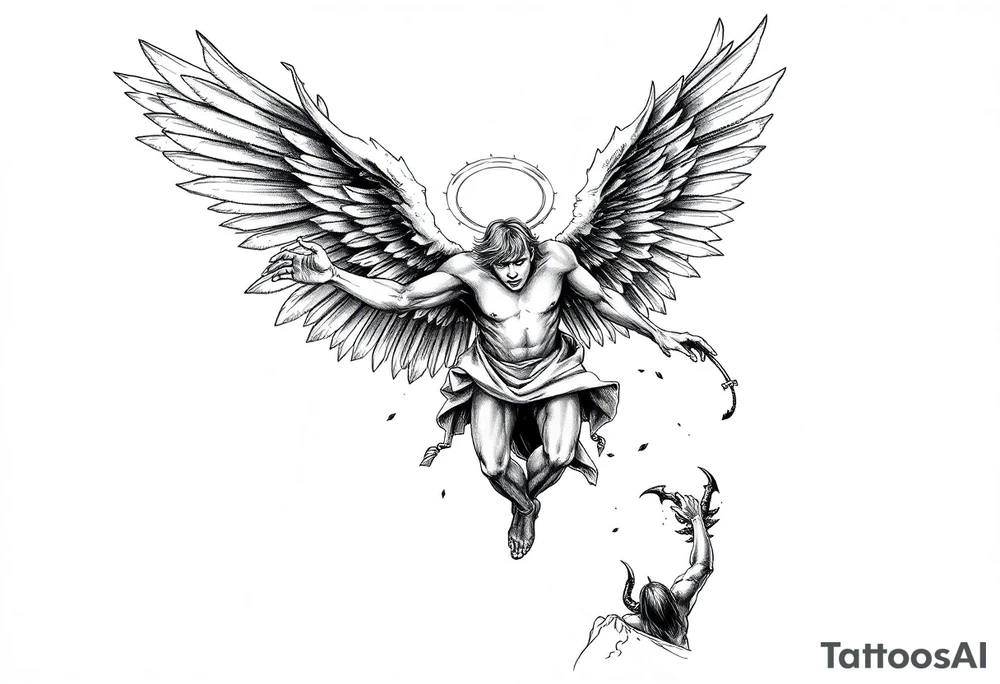 A fallen angel falling from heaven to hell , his wings catch fire and partially burn his halo breaks, Demons and dead souls reach out for him, he has a demon women by his side as he falls tattoo idea