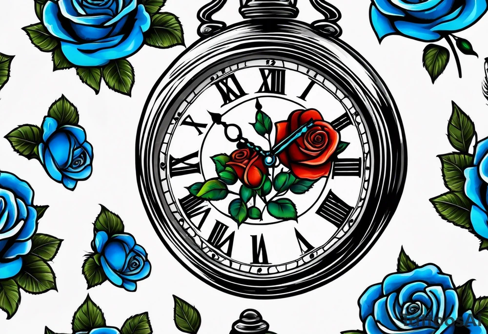 Pocket clock with blue roses tattoo idea