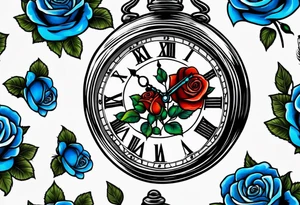 Pocket clock with blue roses tattoo idea
