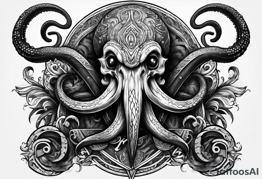 Kraken, up close,  with rune on forehead tattoo idea