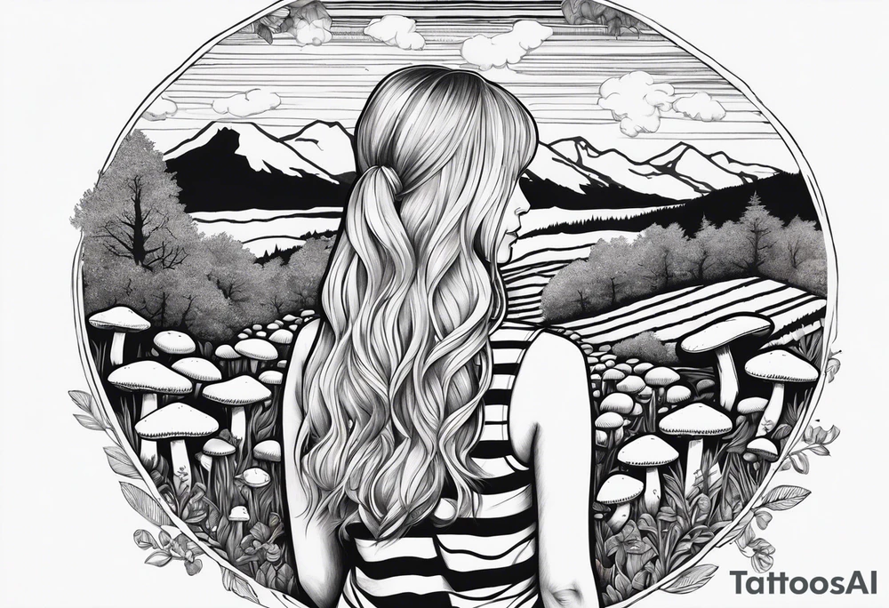 Straight long blonde hair girl in distance holding mushrooms in hand facing away toward mountains surrounded by mushrooms black and white striped dress tattoo idea