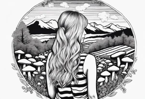 Straight long blonde hair girl in distance holding mushrooms in hand facing away toward mountains surrounded by mushrooms black and white striped dress tattoo idea
