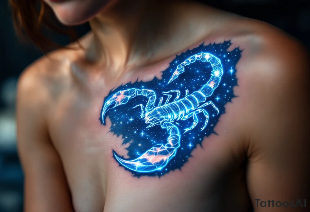 In the deep indigo sky, Scorpius coils like a celestial scorpion outlined in icy white light moving toward its star constellation tattoo idea