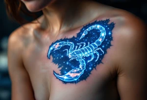 In the deep indigo sky, Scorpius coils like a celestial scorpion outlined in icy white light moving toward its star constellation tattoo idea