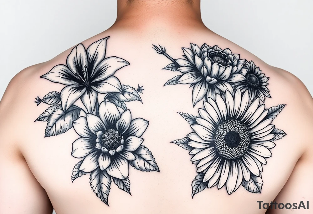 Vintage star gazer lillies wild roses and sunflowers tattoo idea