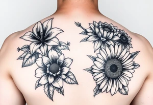Vintage star gazer lillies wild roses and sunflowers tattoo idea