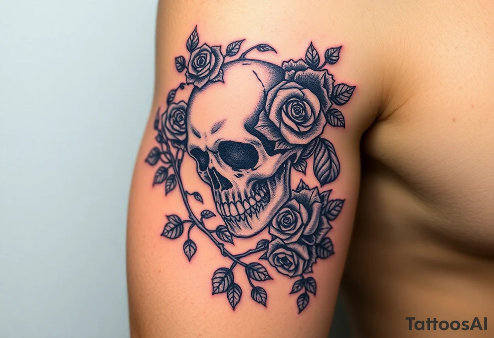 gothic skull intertwined with climbing roses and thorny vines tattoo idea