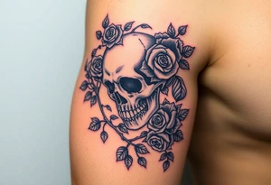 gothic skull intertwined with climbing roses and thorny vines tattoo idea