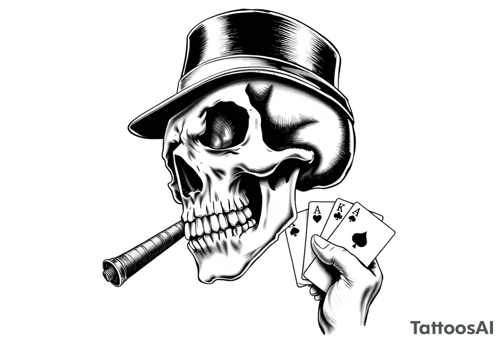 a skull with mustache, a big cigar in his mouth,top-hat on his head and playing cards in a hand. tattoo idea