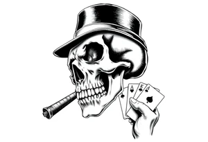 a skull with mustache, a big cigar in his mouth,top-hat on his head and playing cards in a hand. tattoo idea