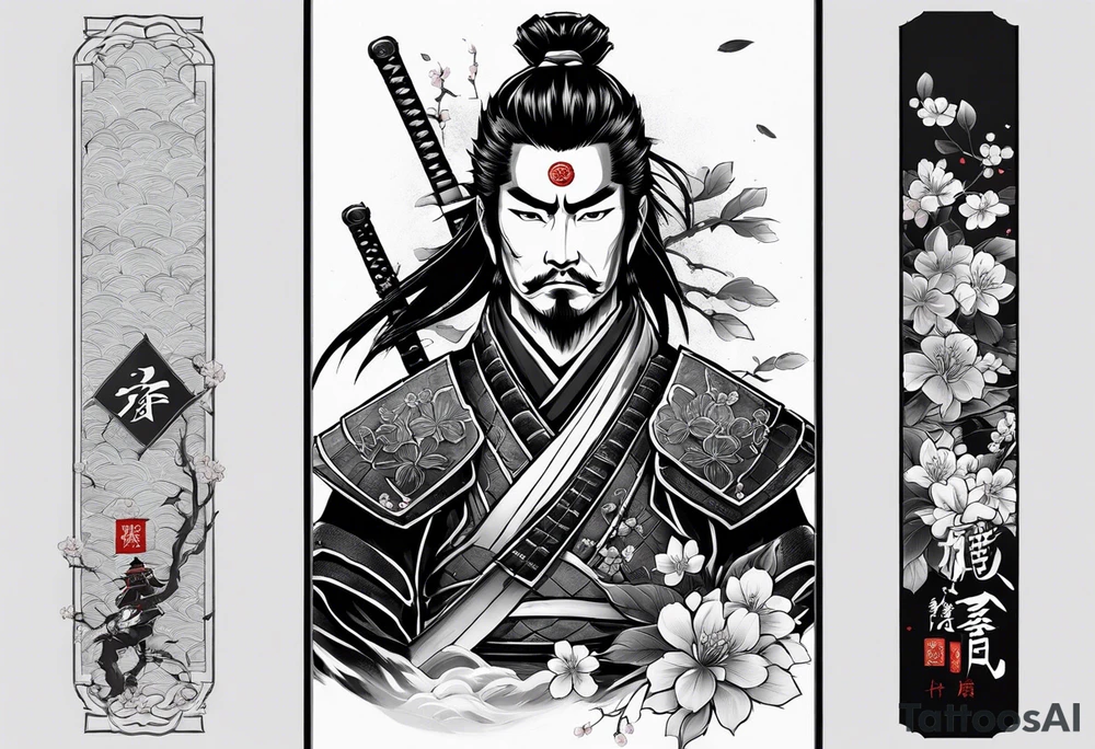 samurai with sword in blood, in armor, for a forearm
Should contains sakura leaves in Anime style. Some Ghost of Taushima vibe
The tatoo should show i have dedication, respect and inner strength, and I try to become better everyday tattoo idea