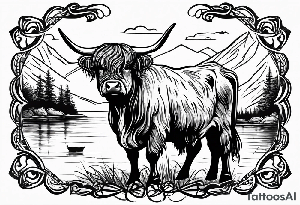 A highland cow that has a bandana with a shamrock around its neck is riding on the back of Nessie tattoo idea