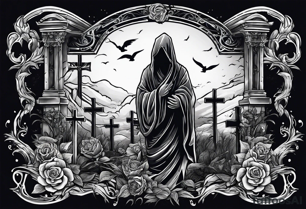 Person emerging from grave. 
MIW Reincarnate written on gravestone tattoo idea
