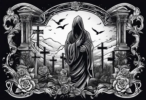 Person emerging from grave. 
MIW Reincarnate written on gravestone tattoo idea
