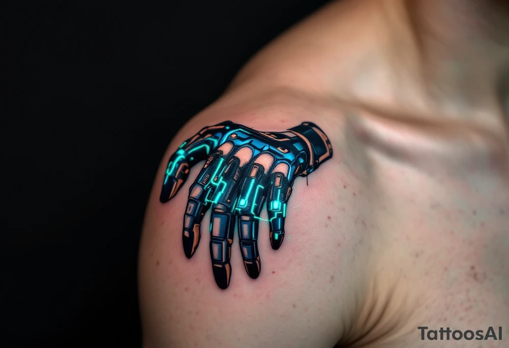 A futuristic robotic glove illusion in matte black and cobalt blue, with neon green circuit tracings. tattoo idea