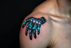 A futuristic robotic glove illusion in matte black and cobalt blue, with neon green circuit tracings. tattoo idea