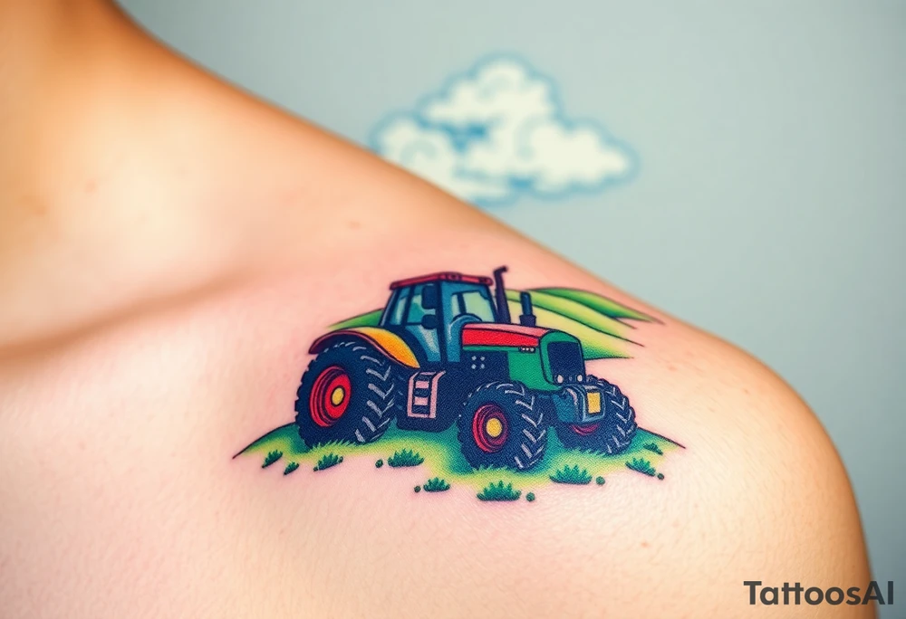 A tractor surrounded by rolling green hills, under a bright blue sky with white fluffy clouds tattoo idea