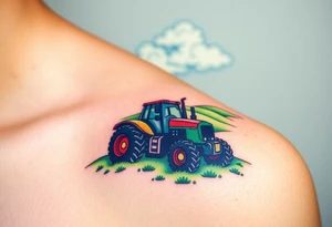 A tractor surrounded by rolling green hills, under a bright blue sky with white fluffy clouds tattoo idea