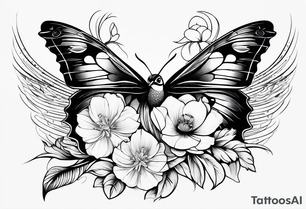 Peacock feather, butterfly, narcissus flower and hummingbird tattoo idea