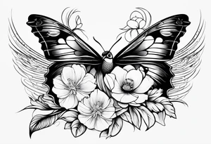 Peacock feather, butterfly, narcissus flower and hummingbird tattoo idea