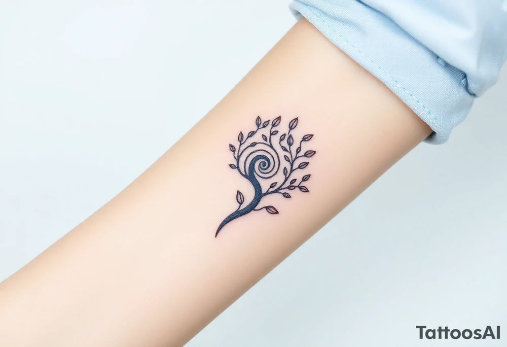 Fibonacci spiral shell inside of tree with little leaves tattoo idea