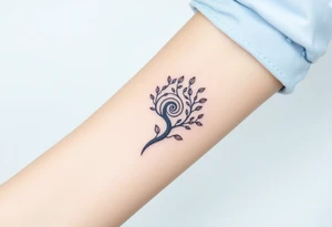 Fibonacci spiral shell inside of tree with little leaves tattoo idea