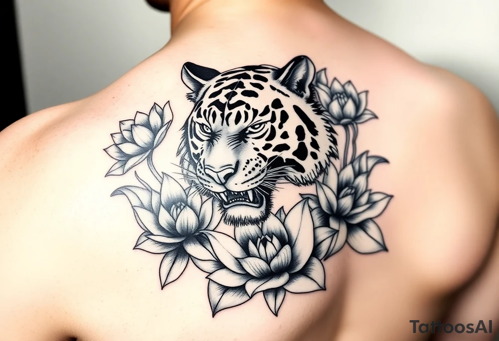 fierce tiger emerging through blooming lotus flowers in mist tattoo idea