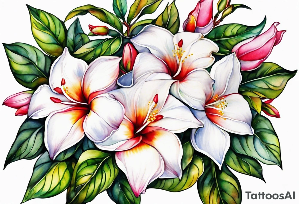 white background, abstract mandevilla flowers on a vine, no stamen in the flowers tattoo idea