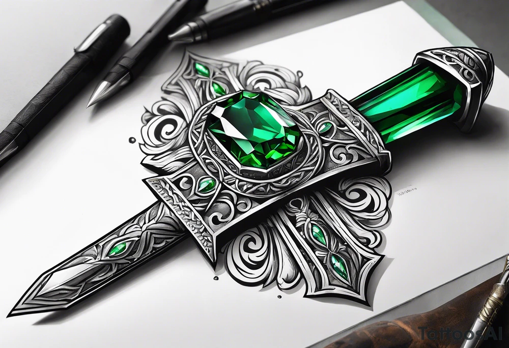 An athame dagger with the hilt turned upward and an emerald gemstone on the hilt not on the blade tattoo idea
