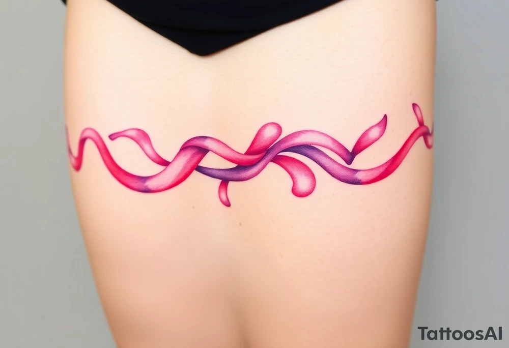 A watercolor-style garter tattoo with flowing ribbons in shades of pink and purple, blending seamlessly into the skin for a dreamy effect tattoo idea